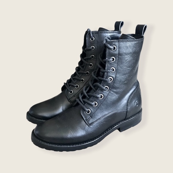 Frye Veronica Combat Black Leather Lace Up Casual Moto Everyday Cute Ankle Boots - Picture 11 of 16
